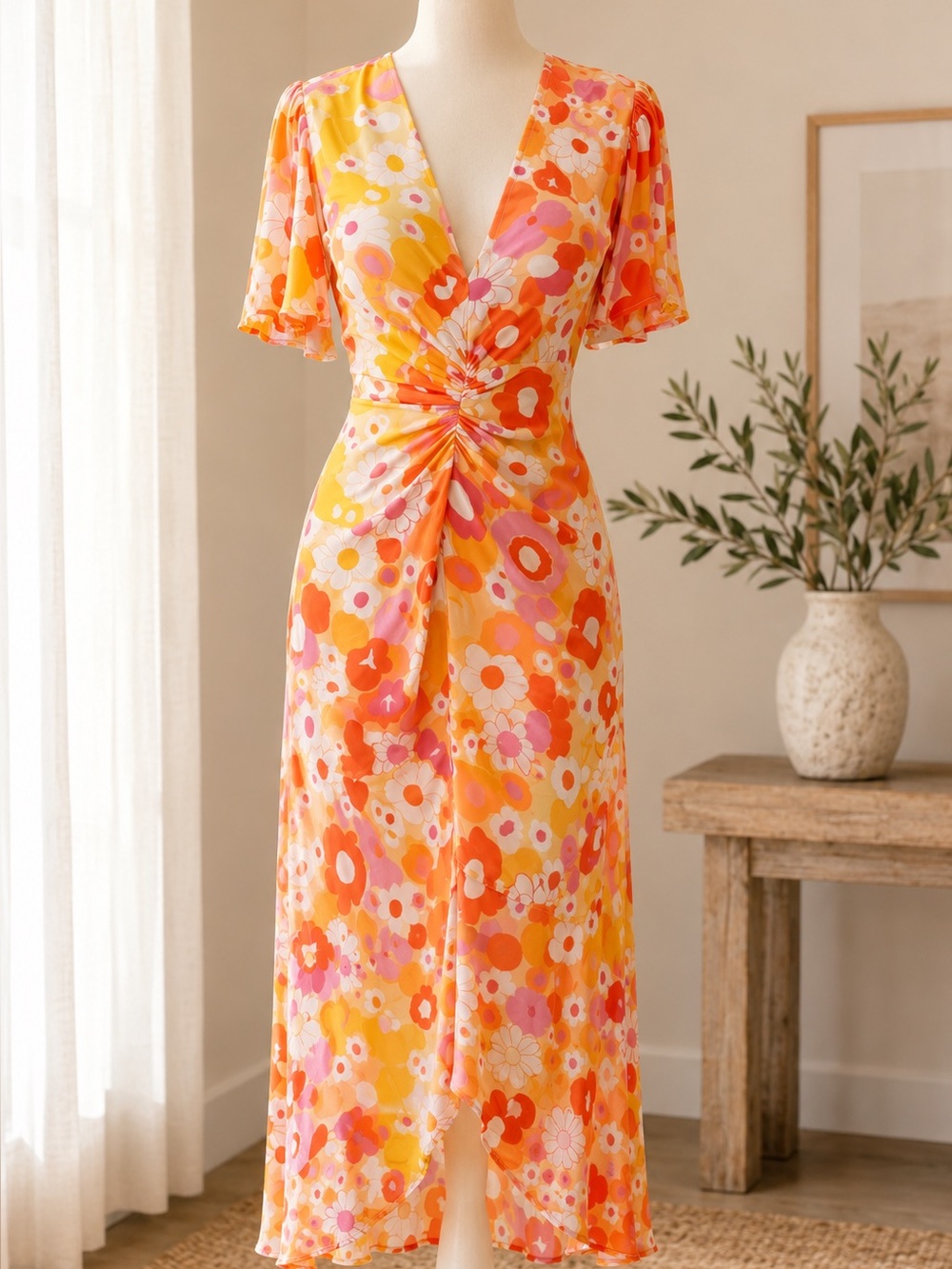 RIXO Pink Yellow Orange Floral V-Neck Twist Front Dress